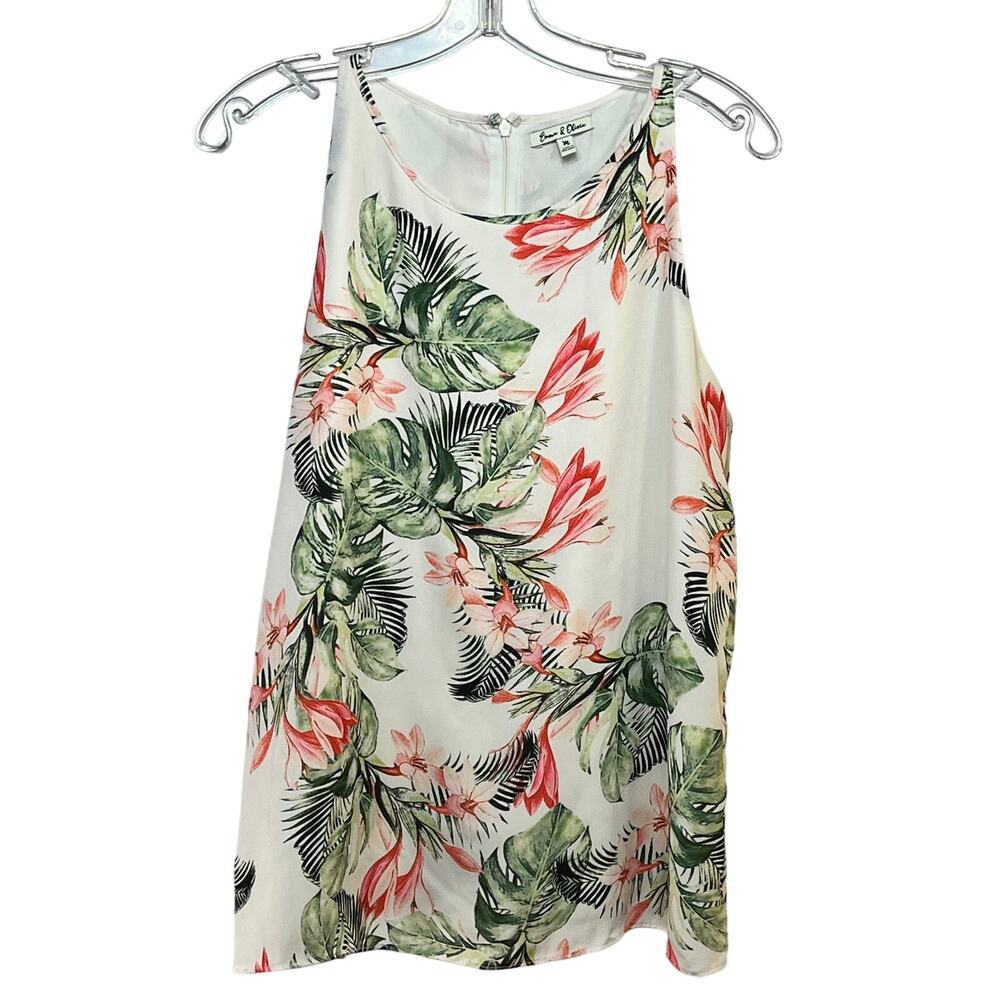 Emma & Olivia Swing Top Women's Medium Back Pleat Tropical Print on Cream Lined